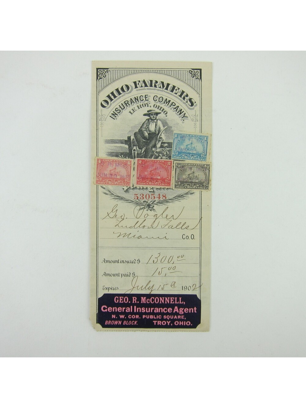 1902 Ohio Farmers Insurance Policy Le Roy Scott R162, R163, R164, R166 Tax Stamp